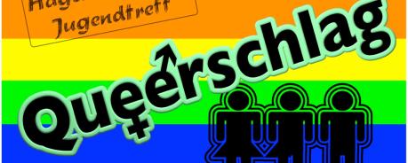 Logo Queerschlag, Schattenfiguren vor einem Regenbogenfarbenen Hintergrund