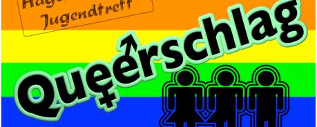 Queerschlag Hagen Logo Queerschlag, Schattenfiguren vor einem Regenbogenfarbenen Hintergrund